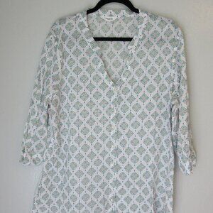Nomads V-Neck White Floral Button Closure 3/4 Sleeve 100% Cotton Blouse 16